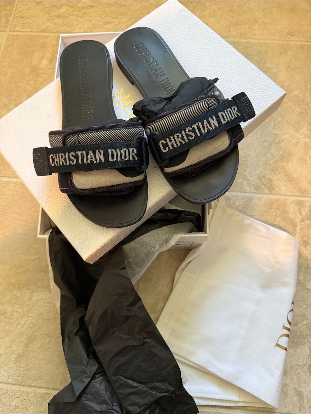 Dior Black and Beige Christian Dior Logo Slide Sandals